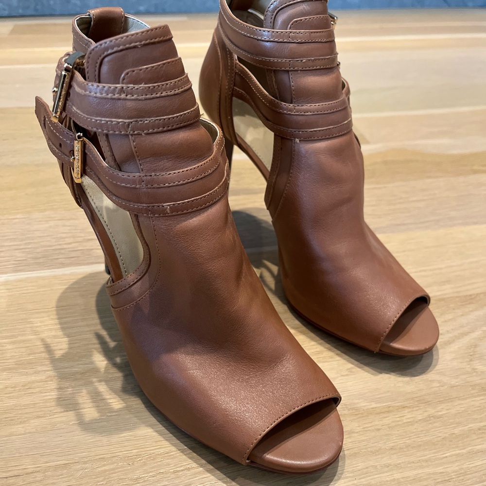 MICHAEL Michael Kors Leather Tan Peep-Toe Heeled Boots